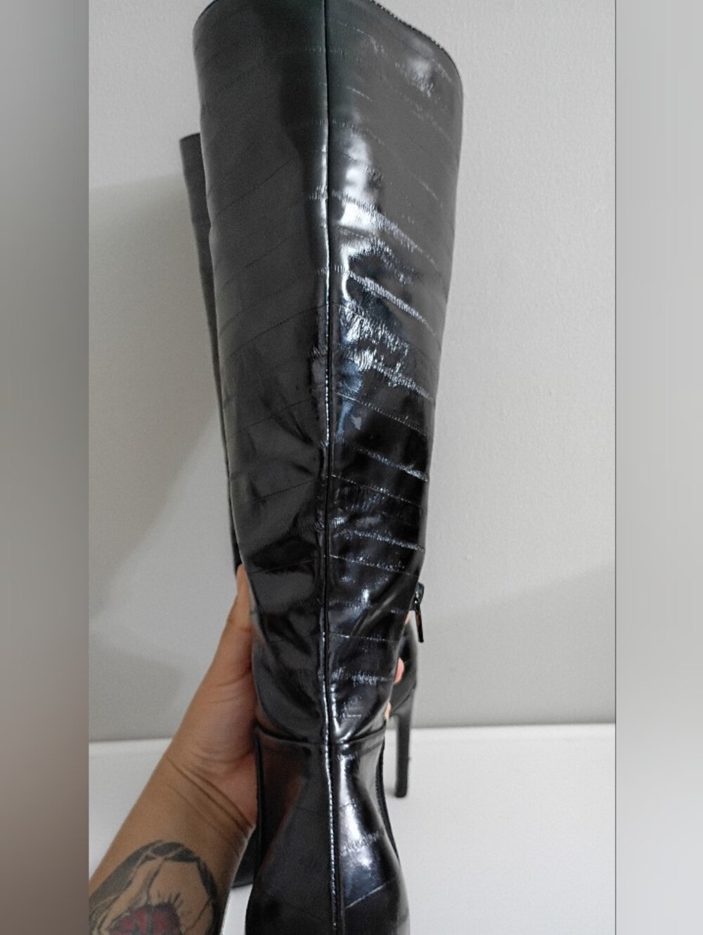 Steve Madden Black Patent Over-the-Knee Stiletto Boots - Picture 7 of 16